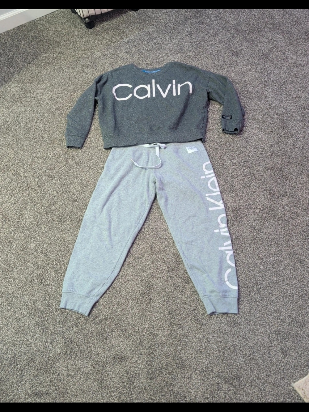 Calvin Klein Womens Two-Tone Gray Logo Sweatshirt and Light Gray Joggers Set